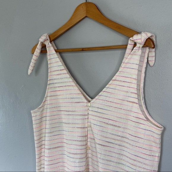 LOFT Bow Strap Button Front Linen Stripes Flounce Dress Ivory Multi-Color Medium - Picture 7 of 14